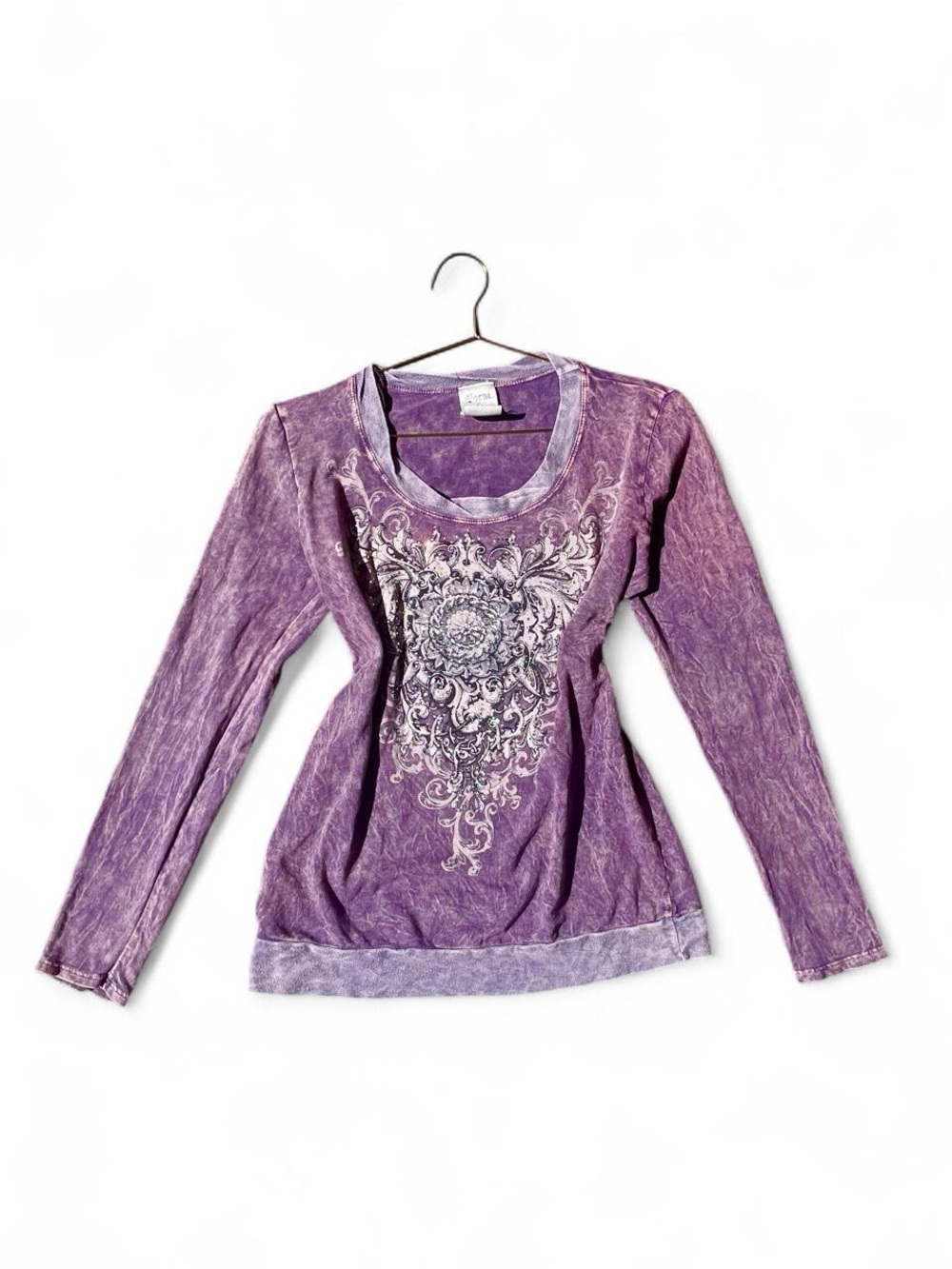 Vintage Y2K Vocal Purple Acid Wash Rhinestone Graphic Long Sleeve Top S